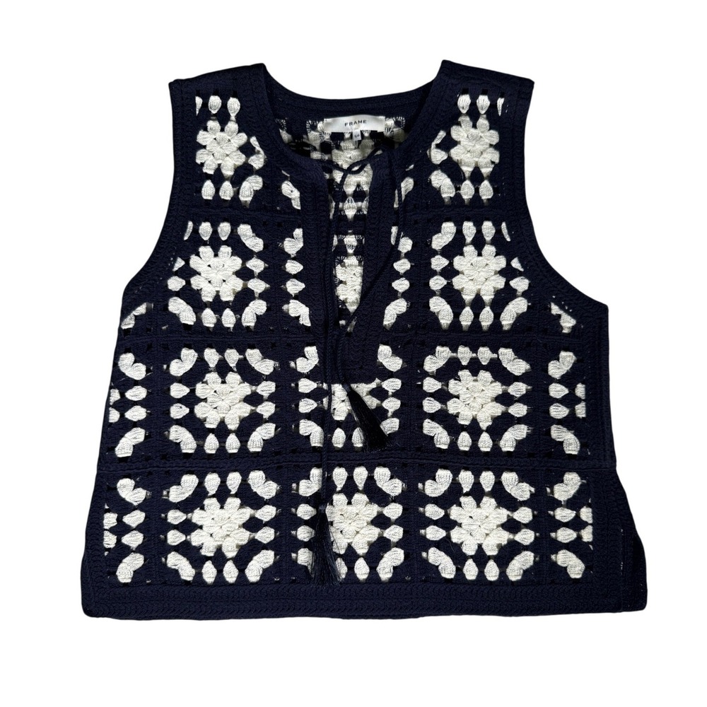 FRAME Crochet Tasseled Cotton Blend Granny Square Vest Tank Navy Size  Women S/P